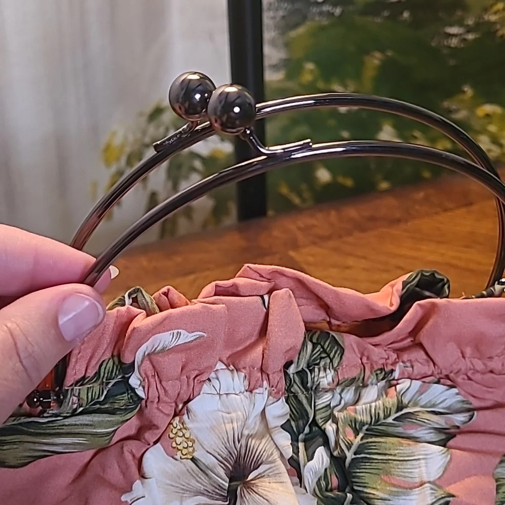 Ky's unique vintage Hawaiian pink floral fabric metal handle clutch purse